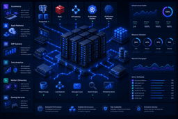 Enterprise workloads including ecommerce, SaaS, databases, Kubernetes, and AI services running on dedicated servers.