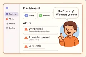 A friendly, modern dashboard with helper tooltips or an onboarding assistant guiding a beginner through alerts. Show a character (mascot or avatar) explaining alerts with simple language (e.g., “Don’t worry! We’ll help you fix it.”). Style: Warm, beginner-friendly, cartoon-accented tech UI with clarity-focused layout and no clutter.