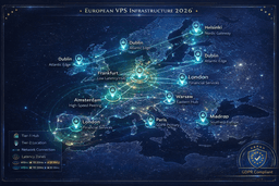European VPS hosting infrastructure map showing data center locations across London, Frankfurt, Amsterdam, Paris, Dublin, Warsaw, Helsinki, and other major cities for low-latency developer hosting