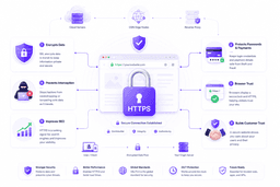 Infographic showing how SSL certificates secure websites with HTTPS encryption, browser trust, and data protection.