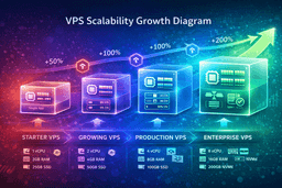 VPS scalability growth diagram showing upgrade path from starter VPS (2GB RAM) to enterprise VPS (16GB RAM) with 200% performance increase