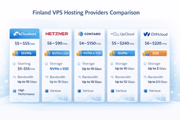 Finland VPS hosting providers comparison infographic showing price storage type and bandwidth