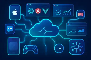 A modern, vibrant digital dashboard showcasing multiple app types running simultaneously on cloud infrastructure. Visual elements include: Mobile phone icons representing iOS and Android apps Web browser windows showing React, Angular, and Vue logos Real-time data streaming visuals like chat bubbles and gaming controllers E-commerce shopping carts and SaaS analytics charts A clock or timer icon symbolizing time-tracking apps AI neural network or data nodes illustrating AI-powered applications All elements are connected by glowing cloud-network lines with a futuristic blue and green color palette, emphasizing speed, scalability, and security.
