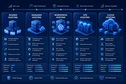 Comparison of shared hosting, managed hosting, WordPress hosting, VPS hosting, and cloud hosting for Finnish businesses.