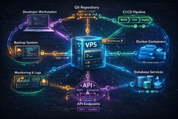 Developer VPS hosting ecosystem diagram showing Git integration, CI/CD pipeline, Docker containers, database services, API endpoints, and monitoring tools