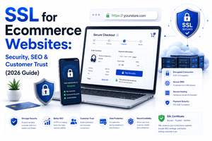 SSL for ecommerce websites showing HTTPS encryption secure checkout cloud hosting and customer trust
