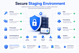 Secure staging environment checklist showing SSH keys firewall TLS secrets management RBAC monitoring and snapshots