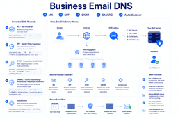 Business email DNS configuration showing MX SPF DKIM DMARC Autodiscover and secure mail routing