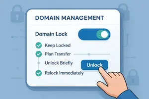 “A modern digital dashboard screen showing a domain management panel with a highlighted ‘Domain Lock’ toggle switch. A user’s hand or cursor is about to click ‘Unlock’ on the interface. Surrounding UI elements show a checklist: ‘Keep Locked’, ‘Plan Transfer’, ‘Unlock Briefly’, ‘Relock Immediately’ with checkmarks next to completed steps. Background features subtle padlock icons and a smooth timeline connecting the steps. Color scheme in professional blue, white, and green accents. Clean, minimalist design with soft shadows and glowing highlights for important actions.”