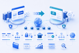 Website migration process from .com to .fi domain including DNS, redirects, SSL, and search engine optimization.