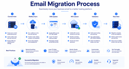 Business email migration workflow showing mailbox sync DNS updates MX cutover validation and new email host