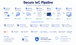 Secure Infrastructure as Code workflow showing secret scanning policy validation Terraform review audit logging and monitoring
