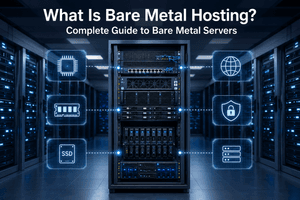 What is bare metal hosting guide showing a dedicated physical server with enterprise hardware and direct infrastructure access