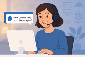 A friendly customer support representative with a headset smiling and engaging via live chat on a modern computer interface. Background shows a cozy, welcoming office with soft lighting. A floating message bubble or chatbot window says "How can we help you choose a plan?" Subtle web hosting elements like servers, cloud icons, or domain symbols in the background. Use blue and white as primary colors for a calming and trustworthy feel. Modern, clean, and tech-friendly aesthetic.