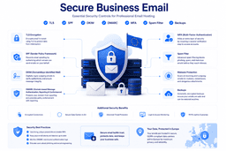 Secure email hosting configuration showing TLS SPF DKIM DMARC MFA spam filtering and mailbox backups