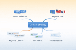 multiple domain search strategy showing keyword variations brand names and regional TLD selection