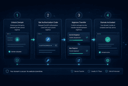 Step-by-step domain transfer process including domain unlock, EPP code, and registrar approval
