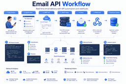 Email API workflow showing REST API SMTP relay webhook events and automated SaaS email delivery