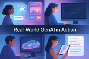 A modern split-screen illustration showing real-world GenAI applications: an AI-powered chatbot for customer support, auto-generating marketing content, code generation on a developer screen, AI-generated 3D product design, and document OCR with highlighted text. Sleek, futuristic style with soft gradients and glowing elements to represent intelligent automation. Diverse users interacting with digital tools in a clean tech workspace.