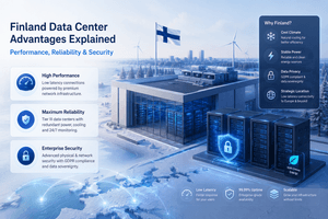 Premium Finland data center infrastructure showing enterprise cloud hosting, secure networking, renewable energy integration, and scalable European hosting architecture.