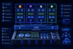 KVM virtualization architecture showing isolated virtual private servers with dedicated resources.