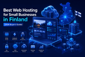 Premium illustration showing high-performance web hosting infrastructure for small businesses in Finland with cloud hosting, SSL, CDN, backups, and NVMe storage.