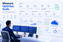 Cloud hosting performance monitoring dashboard displaying uptime latency TTFB CPU and cloud infrastructure analytics