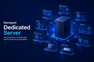 Enterprise managed dedicated server infrastructure illustrating monthly pricing, managed hosting services, NVMe storage, Intel Xeon and AMD EPYC hardware, security, and business support.