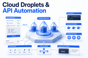 Cloud droplets and API automation infrastructure showing virtual servers Docker Kubernetes and CI CD deployment