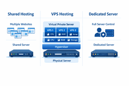 Shared hosting vs VPS vs dedicated server architecture diagram showing hypervisor virtualization