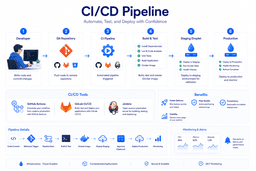 CI CD pipeline with cloud droplets showing Git repositories build testing staging deployment and production release