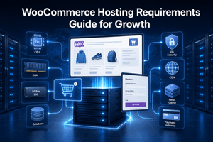WooCommerce hosting requirements guide showing cloud hosting infrastructure for fast secure and scalable online stores