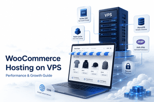 WooCommerce hosting on VPS showing high performance cloud server NVMe SSD Redis cache and secure online store infrastructure