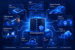 Enterprise managed server pricing factors including CPU, RAM, NVMe SSD, bandwidth, SLA, support, backups, and security.