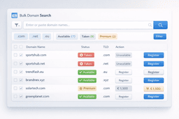 bulk domain search tool interface showing domain availability results filtering and bulk selection