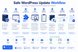 WordPress staging deployment checklist showing backup verification plugin testing SSL cache and rollback readiness