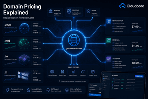 Domain pricing explained showing registration renewal and transfer costs across different domain extensions