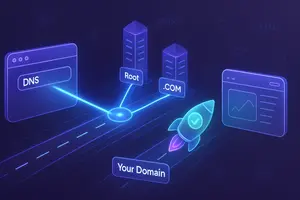 An elegant 3D animation-style illustration of DNS resolution as a four-lane digital highway. Show: (1) A browser window (left) launching a glowing search beam toward a DNS resolver station, (2) The beam splitting to hit root and .COM servers (as futuristic towers), (3) Merging into a pulse hitting an authoritative server (labelled 'Your Domain'), (4) A returning green checkmark rocket delivering the IP to a loading website (right). Style: Glassmorphism design with semi-transparent elements, neon blue-purple gradients, and crisp white outlines. Background: Subtle floating DNS records and a particle network.