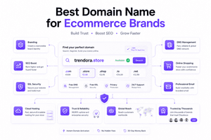 Illustration showing the best domain name strategy for ecommerce brands with branding SEO and trust elements