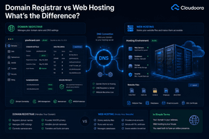 Domain registrar vs web hosting comparison showing domain names DNS and hosting infrastructure