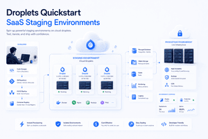 Droplets quickstart for SaaS staging environments showing cloud servers CI CD pipelines and production ready infrastructure