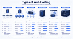 Comparison of shared VPS cloud dedicated WordPress and bare metal web hosting types