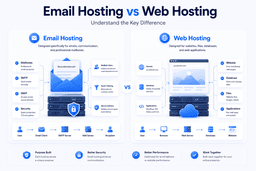 Comparison of email hosting and web hosting showing differences between mail servers websites databases and business email services