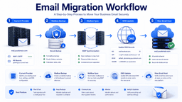 Business email migration workflow showing mailbox backup synchronization DNS updates and new email hosting provider