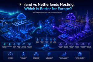 Enterprise illustration comparing Finland and Netherlands hosting infrastructure with European cloud networking, data centers, CDN connectivity, and scalable hosting architecture.