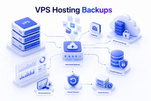 VPS hosting backup strategy showing snapshots, automated backups, disaster recovery and secure cloud storage