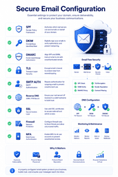Secure email hosting configuration checklist including SPF DKIM DMARC TLS SMTP authentication firewall and MFA