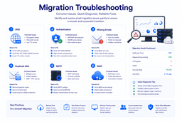 Email migration troubleshooting showing DNS authentication IMAP SMTP missing emails and synchronization issues