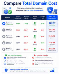Domain registration comparison showing first year pricing renewal fees and total ownership cost