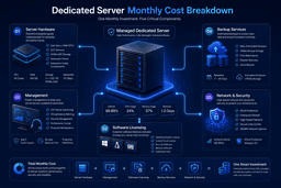 Managed dedicated server monthly pricing breakdown including hardware, management, licensing, backups, security, and network services.